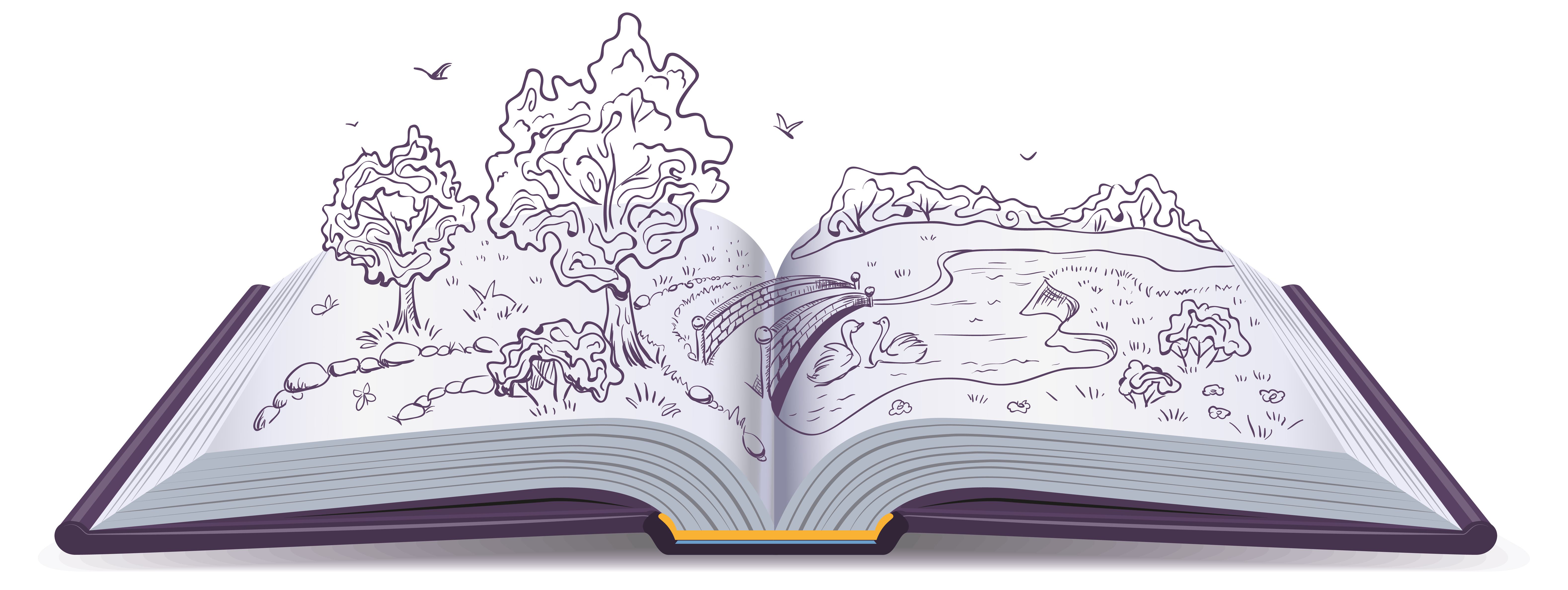 An open book that has basic drawings exploding from its pages(trees, rivers, animals, and forests. It highlights how stories can transport people to new worlds.