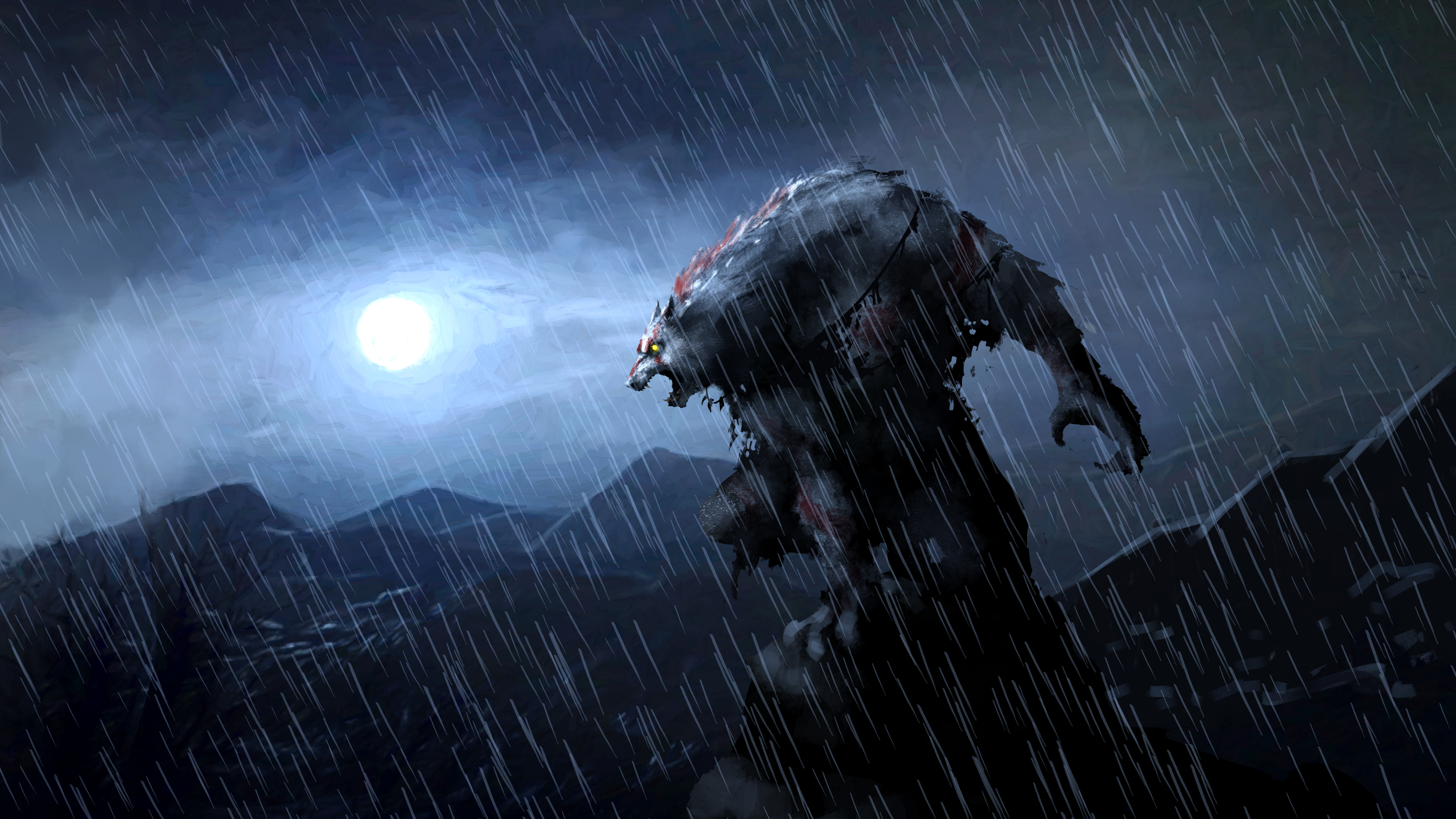 Bulky werewolf standing on a hilltop in the pouring rain looking over the forest below, the full moon glows above him, and flecks of blood matte his fur