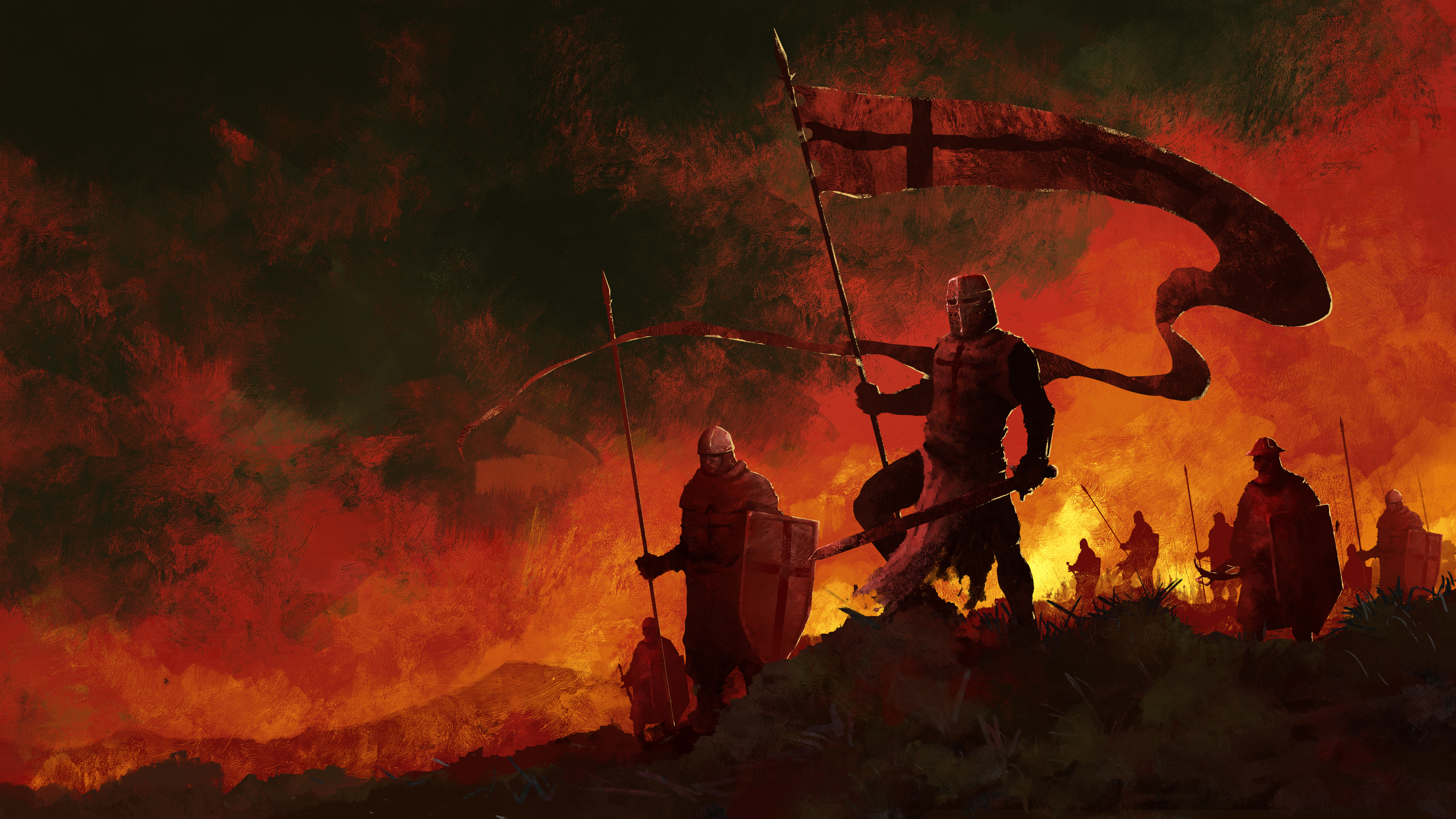 A group of soldiers holding up the flag of victory at a scene of a bloody battlefield, it symbolizes a rich backstory full of tragedy and intrigue.