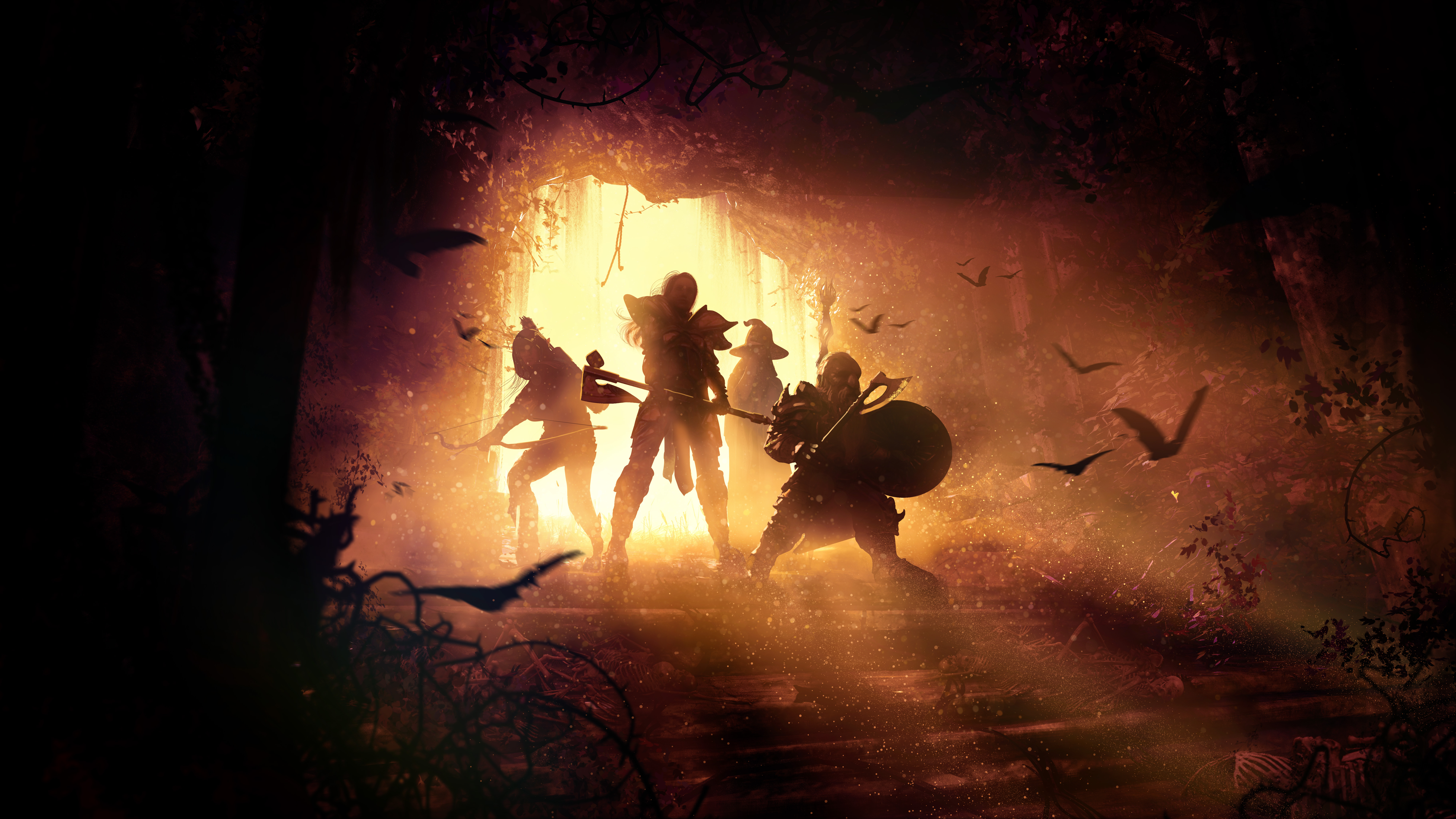 Image of a party of adventurers discovering a new cave that they stumbled upon for the first time. There is a ranger, fighter, wizard, and cleric. The light spills in from behind them causing their figures to appear dark and give a sense of exploration.