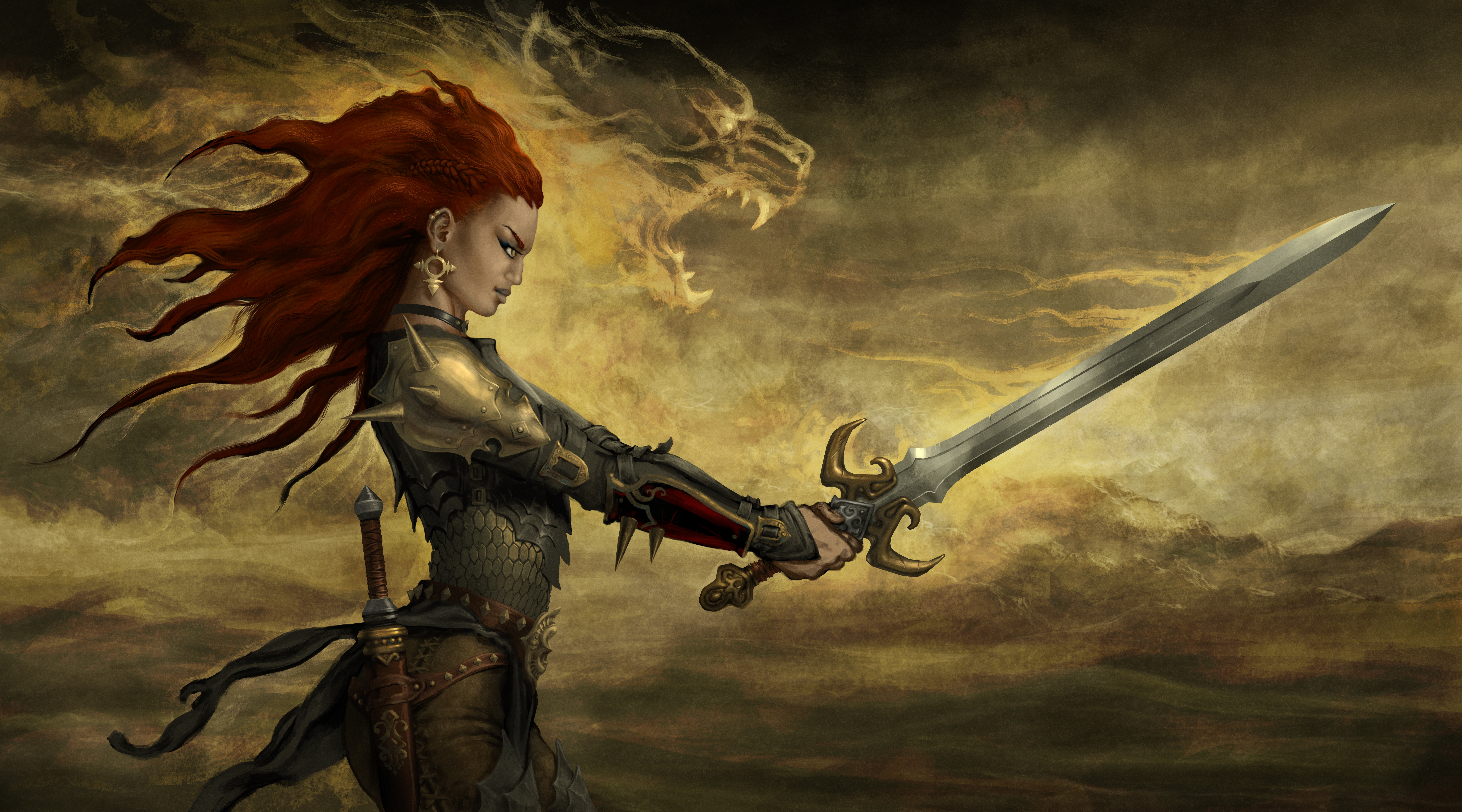 An image of a fighter holding her sword with a proud smirk on her face, in the wind behind her, you can see the shape of a bold tiger appear, almost as if she is channeling the power of a mighty beast.
