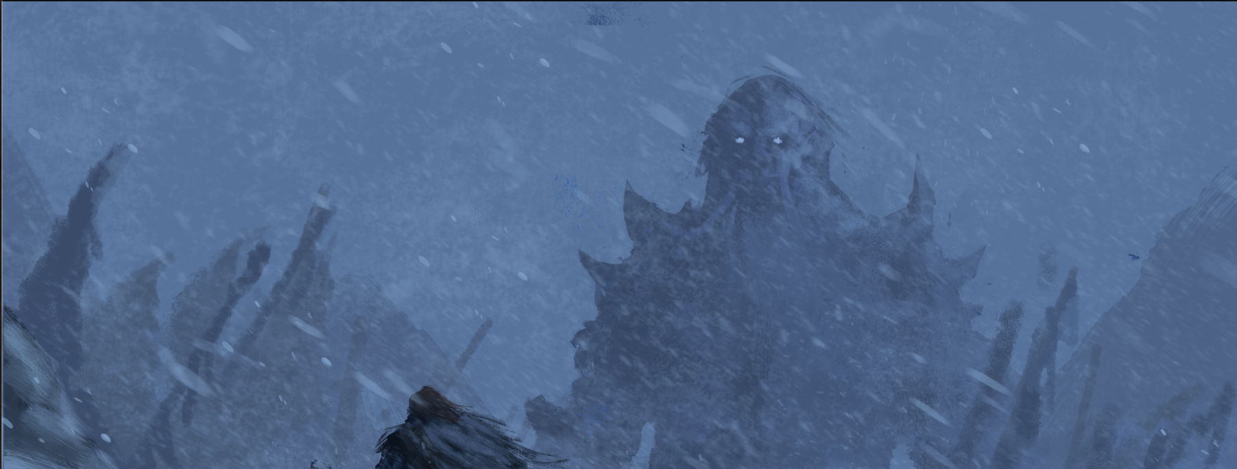 A lone adventurer faces down a massive 30ft tall mindflayer grunt in a raging blizzard
