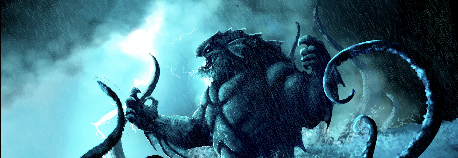 A massive humanoid shaped kraken surrounded by tentacles explodes out of the ocean in a raging lightning storms