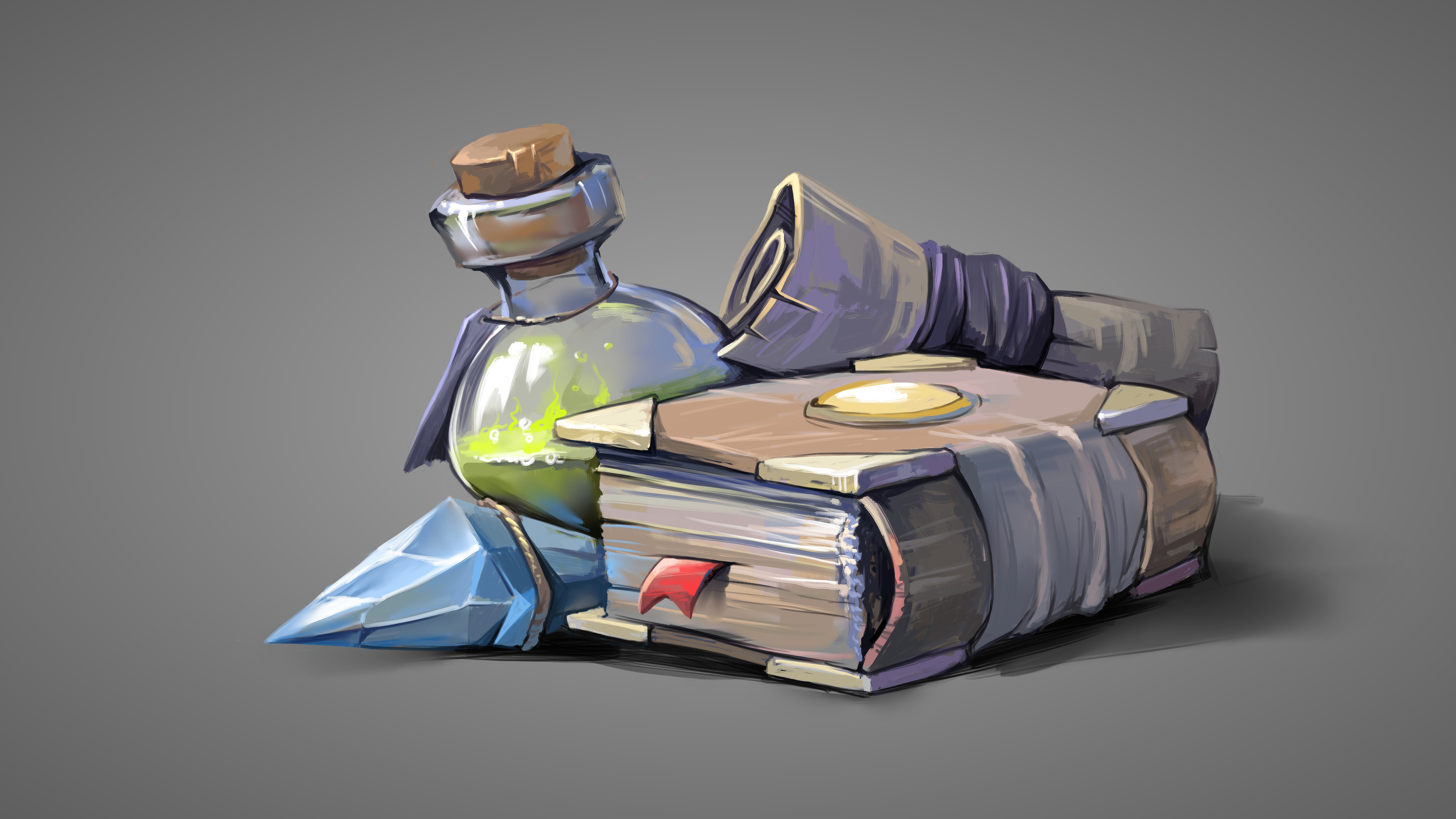 Glowing enchanted potion surrounded by other basic magic items, an ornate worn spellbook, spell scroll, and diamond shard