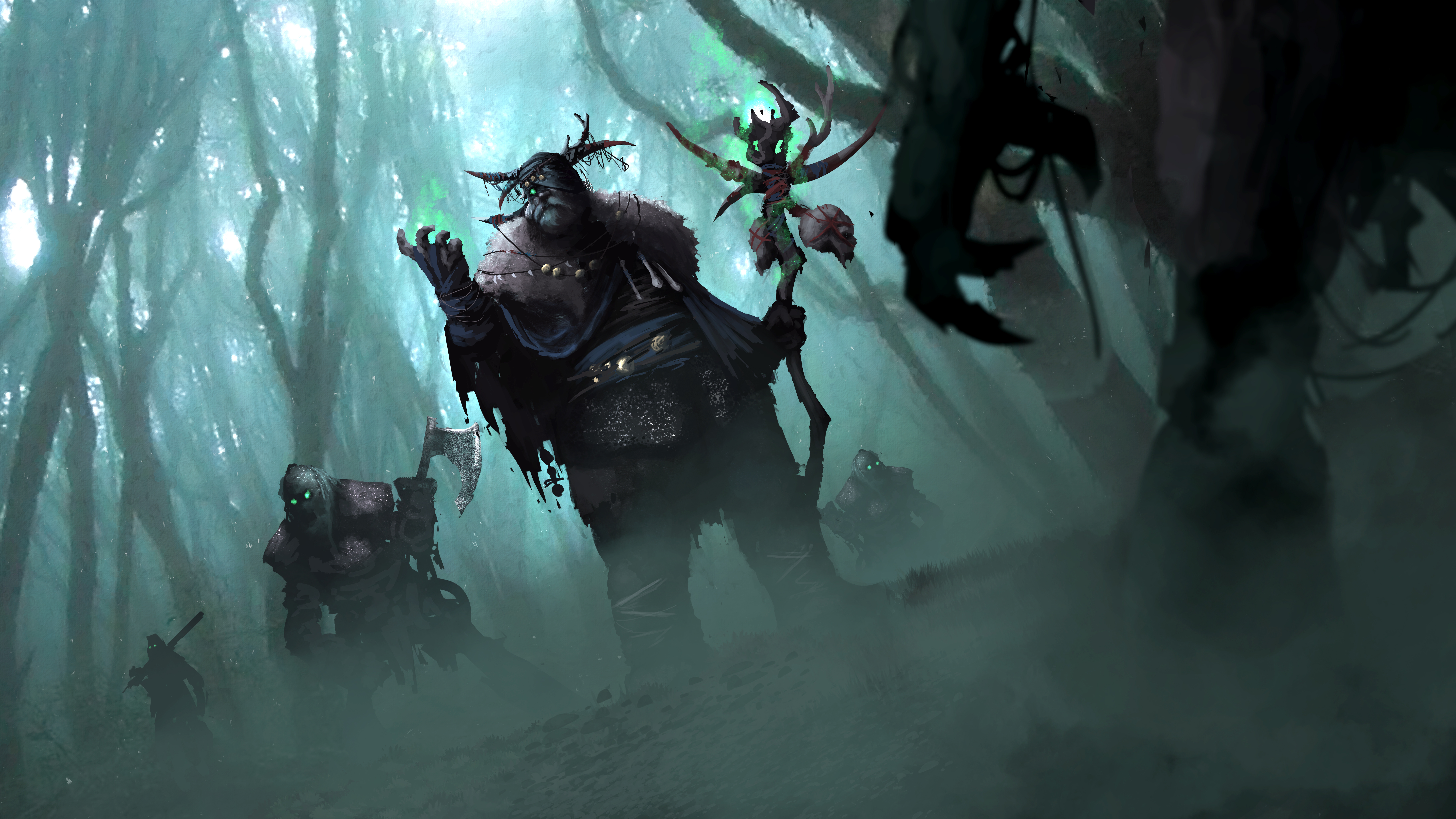 Swamp shamans with glowing green eyes, bloody holy staffs with skulls, and wicked axes stalk carefully in the forest.