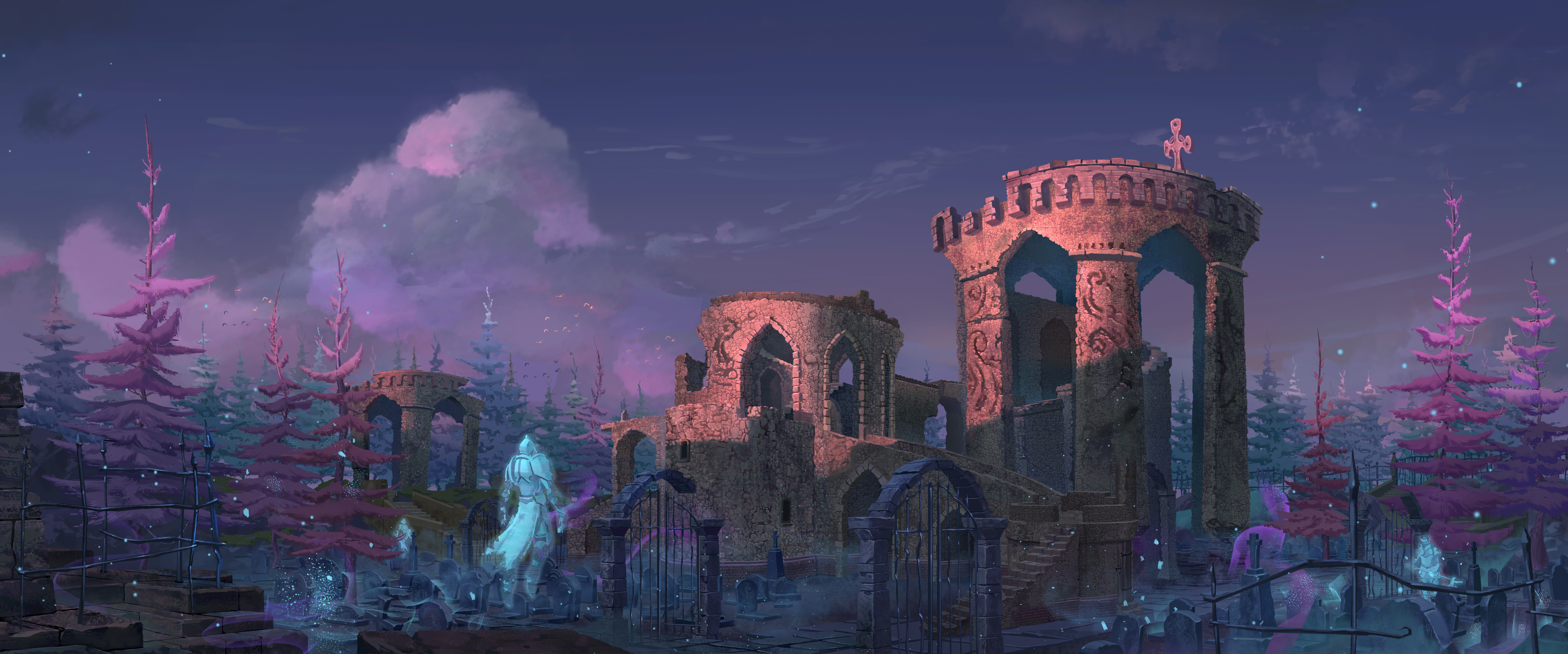 A fantasy painting of a vast set of ruins. It is sprawling across acres, and has ghosts floating in various sections. It represents a vast sprawling session that the dungeon master over prepared