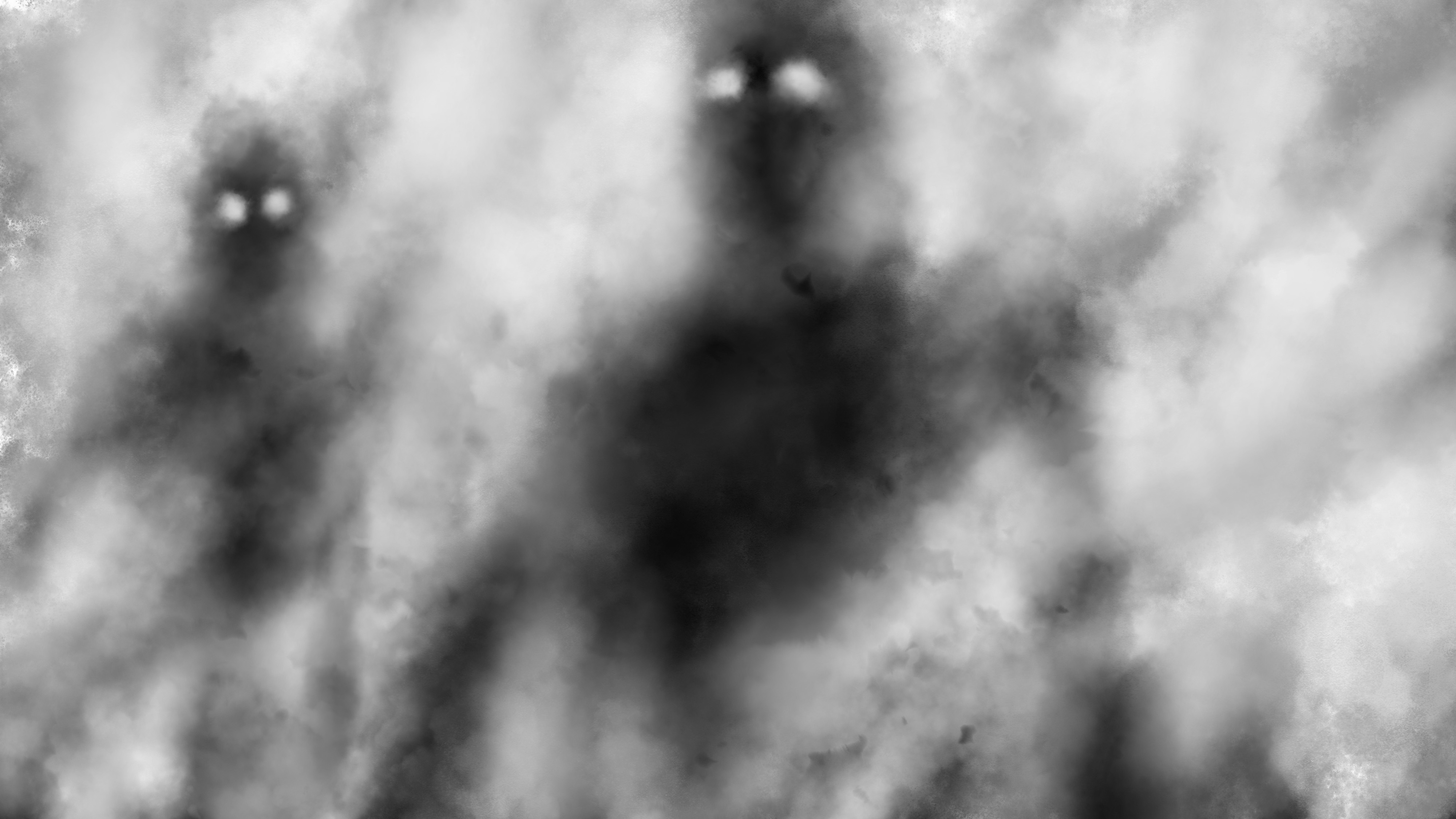 Two scary shadows emerge from the fog and look with glowing eyes. Illustration in horror fantasy genre. Coal and noise effect. Gloomy characters from nightmares. Black and white background colors